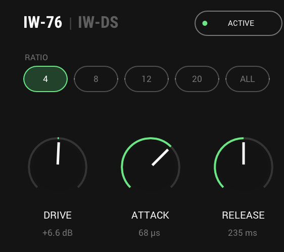 InterComp's first stage as IW-76: ratio 4 selected among 4, 8, 12, 20 and ALL, with DRIVE at +6.6 dB, ATTACK at 68 µs and RELEASE at 235 ms